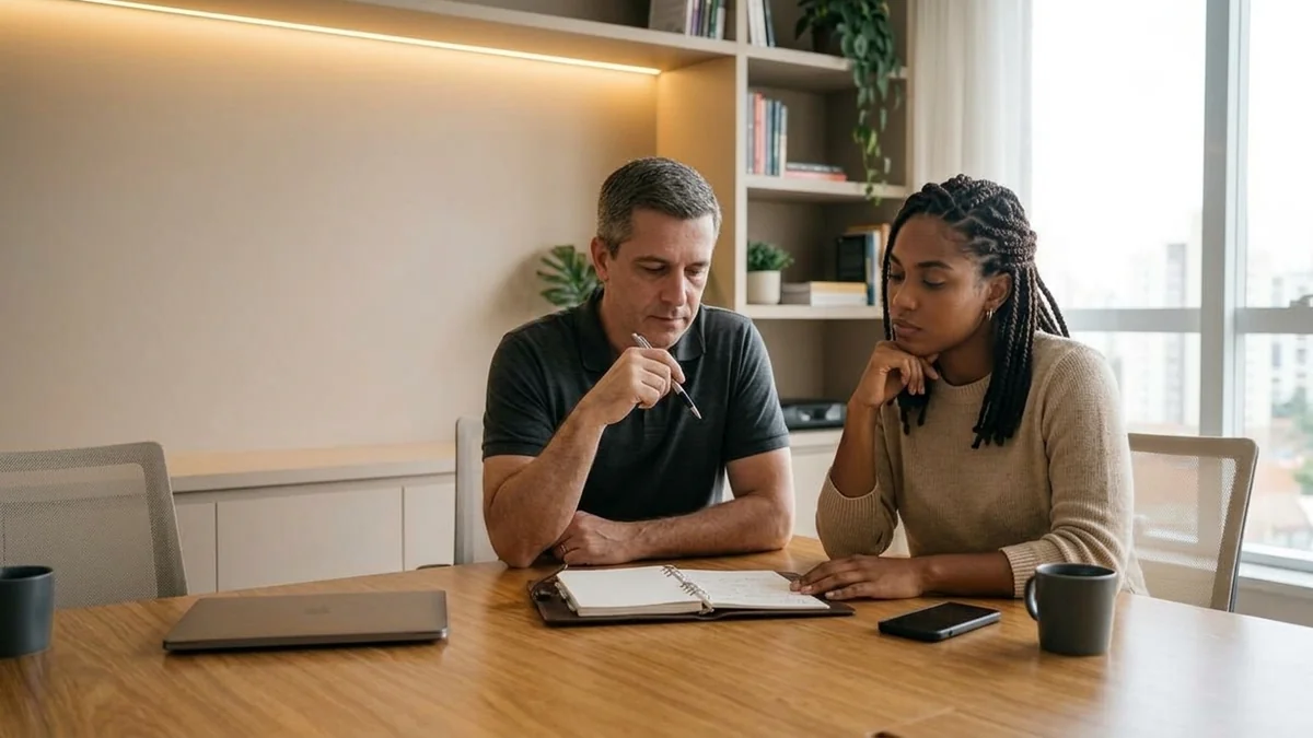 Gestores ao redor da mesa com caderno aberto e notebook fechado, momento em que a decisão madura de marketing é não mexer na campanha em andamento.