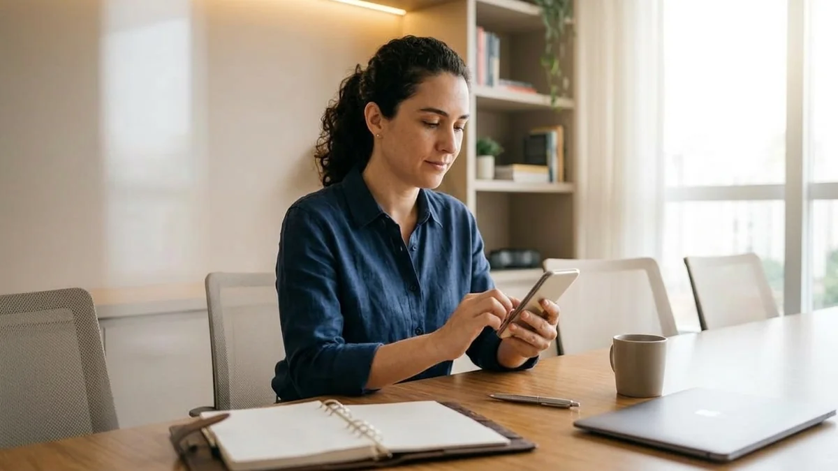 Empresária agendando no smartphone o horário fixo semanal para o alinhamento de tráfego e vendas na sala de reuniões.