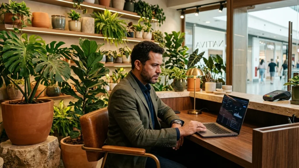 Dono de loja de plantas sentado ao lado do balcão no fim da tarde, olhando o notebook para entender a taxa de conversão da loja virtual.