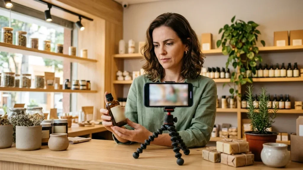 Dona de loja de cosméticos gravando um vídeo curto do produto com o celular no balcão, avaliando se vale a pena vender no TikTok.