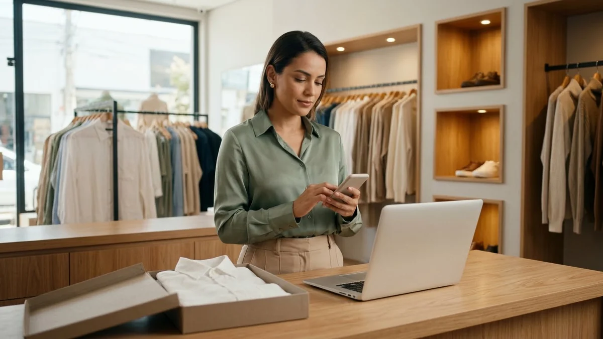 Atendente de loja de moda no balcão orientando pelo celular uma cliente a concluir a compra de outro jeito.