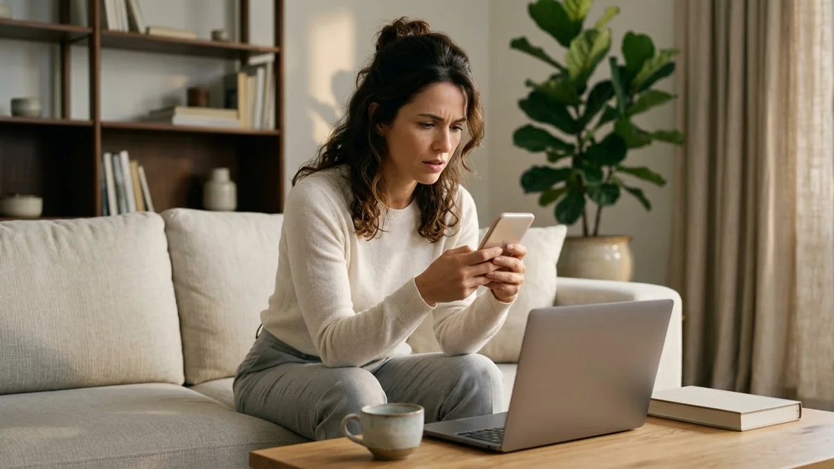 Cliente no sofá de casa olhando o celular com frustração depois de ter a compra recusada numa loja virtual.