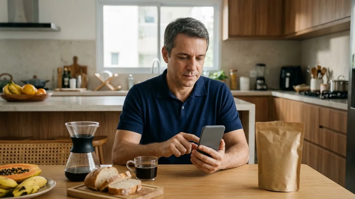 Cliente fiel no café da manhã repete pelo celular a compra mensal de café, com a embalagem quase vazia na mesa.