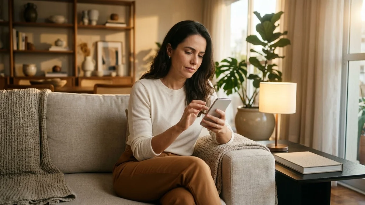 Cliente no sofá de casa olha o celular com impaciência, prestes a apagar um aplicativo de loja que não usa.