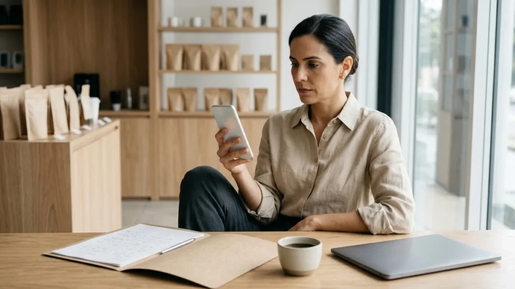 Dona de loja de cafés especiais avalia no celular se vale criar um aplicativo para loja virtual.