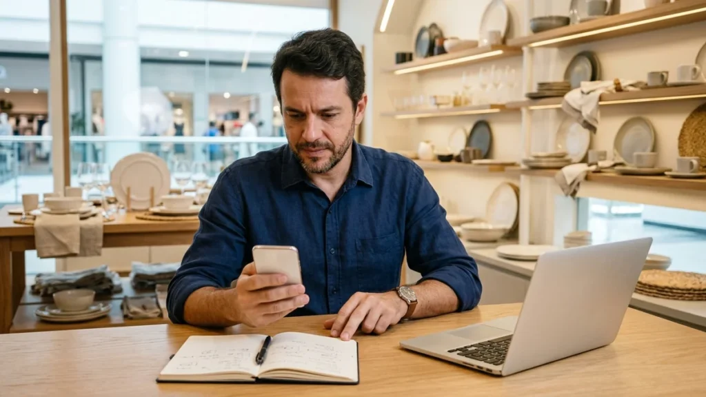Dono de loja testando o checkout transparente no celular e contando nos dedos os passos até concluir o pagamento.