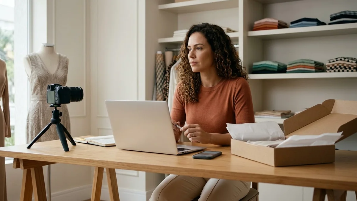 Dona de loja de moda na bancada com notebook, câmera e pedido para envio, sinal de que todas as funções passam por ela.