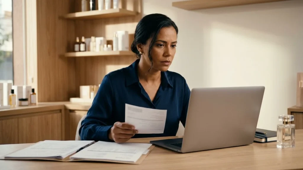 Dona de loja de cosméticos confere o notebook e a folha de envio ao descobrir que caiu no golpe do chargeback.