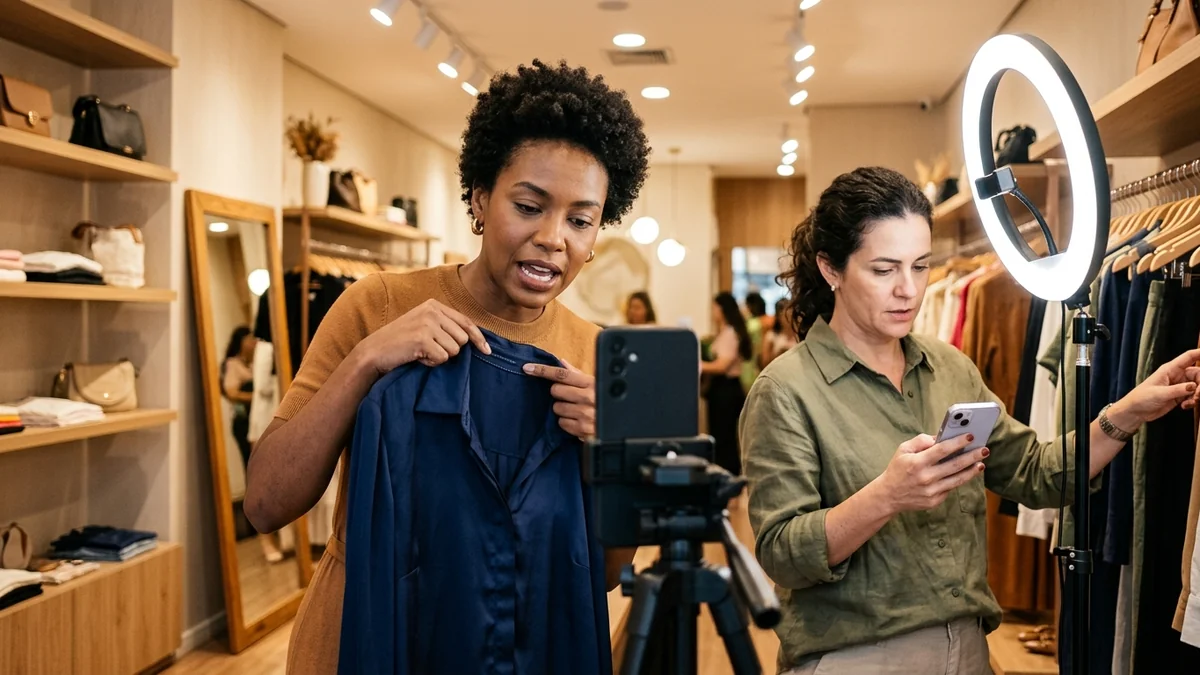 Vendedora mostra de perto a costura de uma blusa ao celular enquanto a colega lê as dúvidas das clientes.