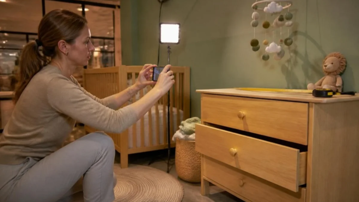 Empresária fotografando uma cômoda no quarto infantil montado do showroom, com fita métrica para mostrar a escala da peça.
