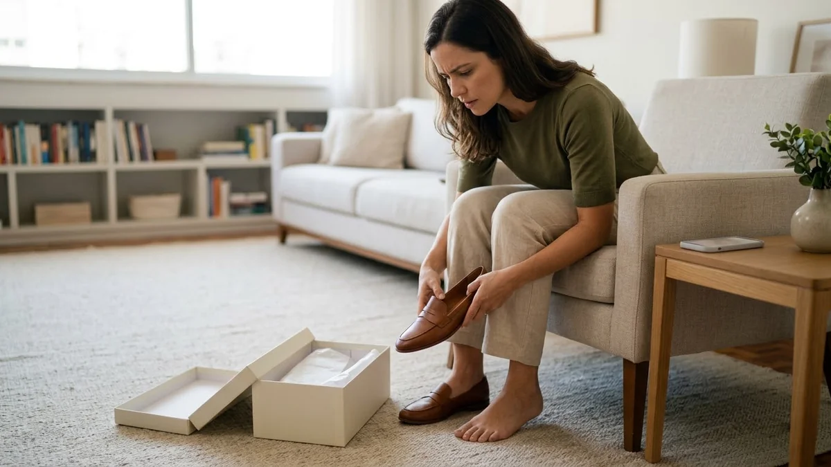 Cliente em casa experimenta o mocassim recém-chegado e compara o tamanho dos dois pés, em dúvida sobre a numeração.