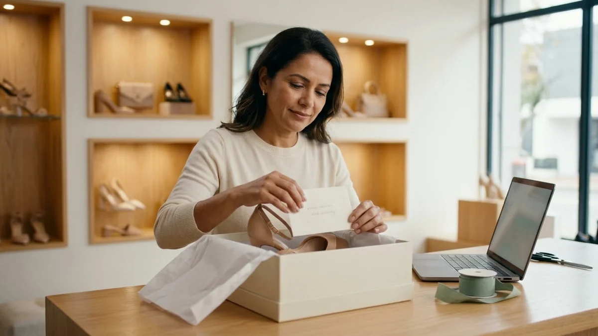 Dona de loja embala as sandálias escolhidas pela cliente com o vale-compras da troca, junto de um cartão de agradecimento.