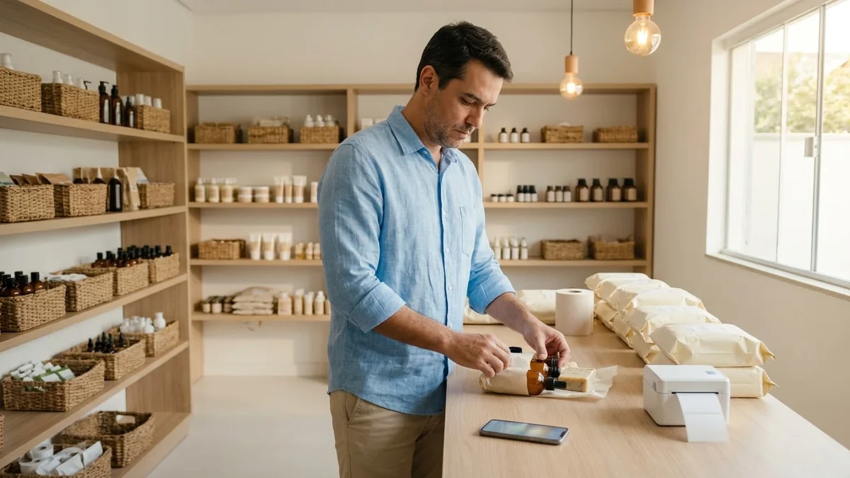 Dono de loja de cosméticos embalando um kit na própria sala de expedição, com prateleiras e bancada já no limite.