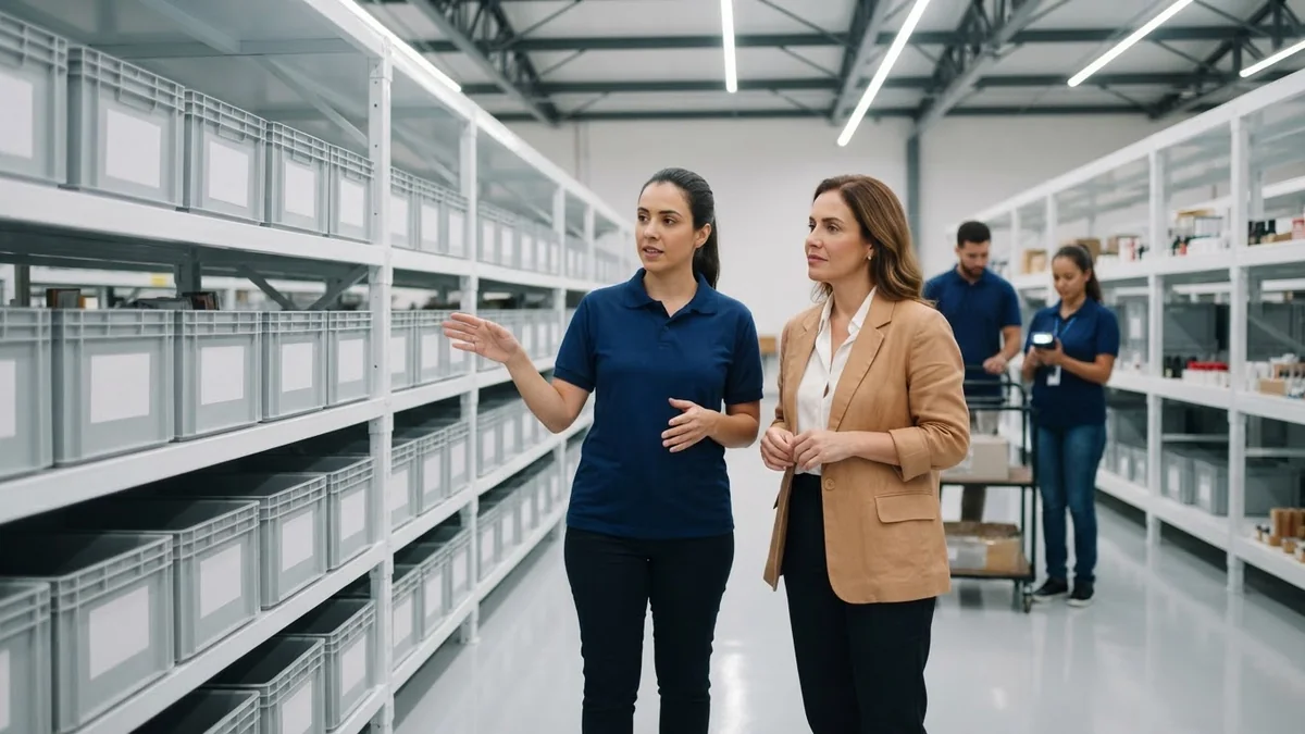 Empresária visitando o centro de armazenagem limpo e organizado de um operador logístico, guiada por uma supervisora.