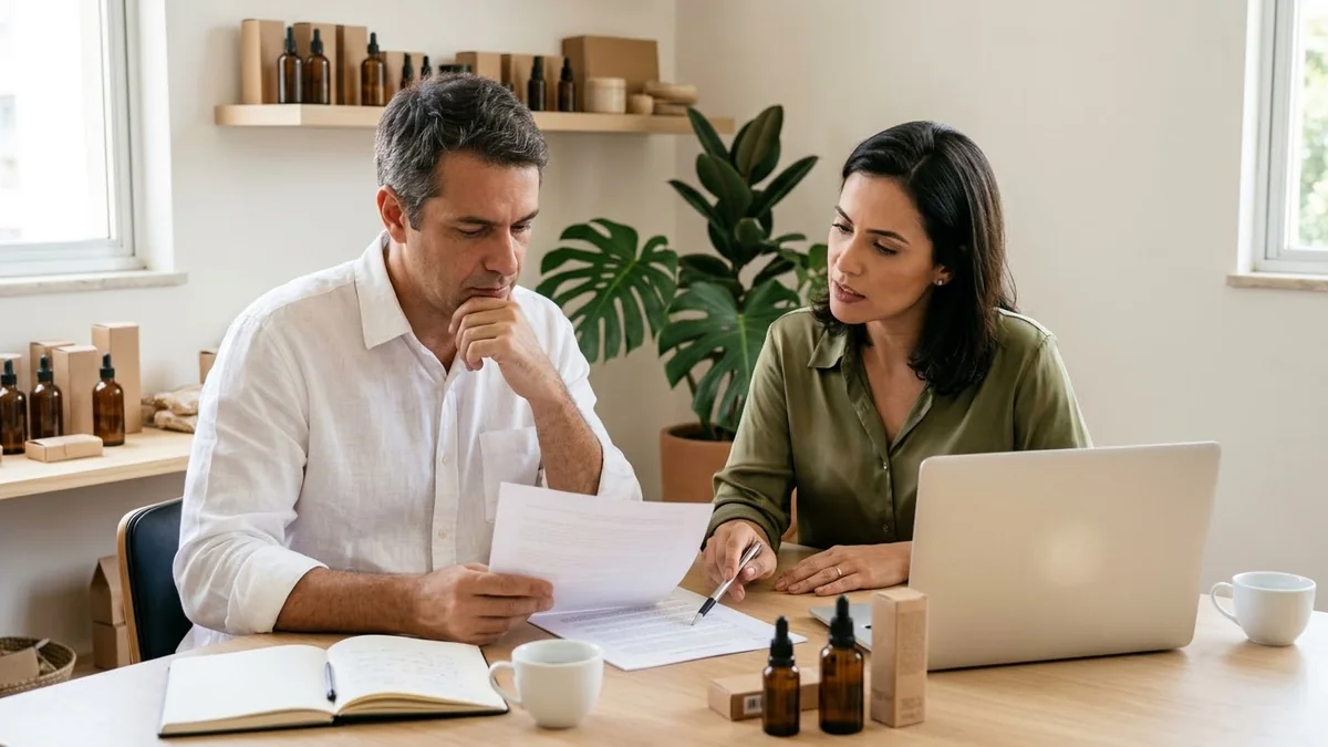 Sócios de loja virtual revisando à mesa a proposta de contrato com o operador logístico antes de assinar.