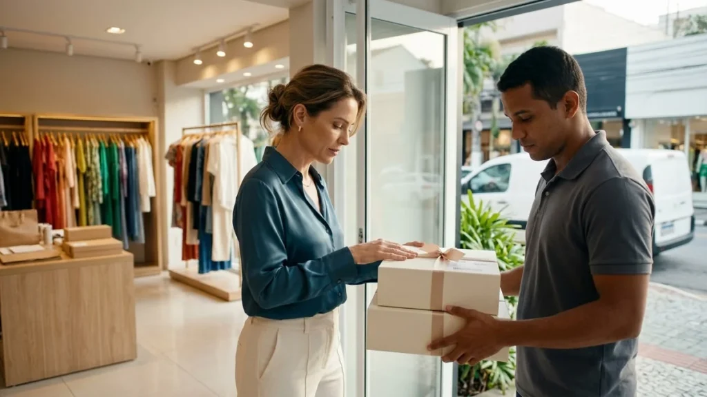Dona de loja de moda entrega pedidos ao entregador na porta da loja, cena da escolha da transportadora para e-commerce.