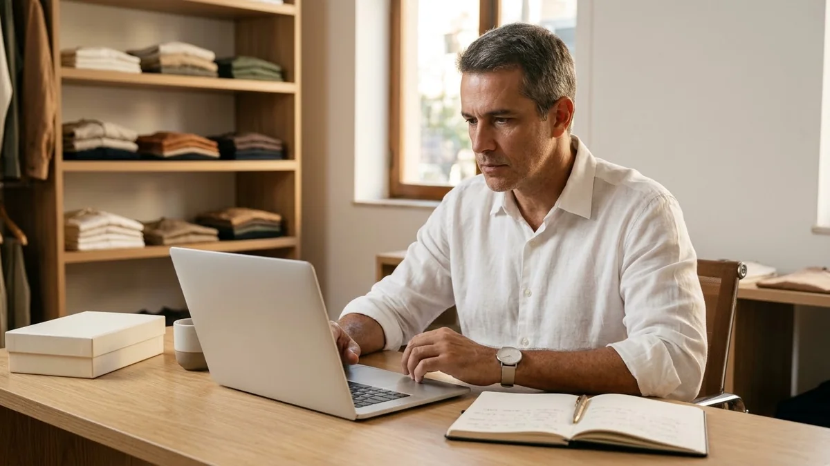 Dono de loja de moda comparando no notebook as entregas no prazo por região antes de contratar a transportadora.