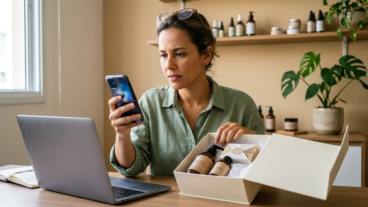 Empresária de cosméticos dividida entre o celular, o notebook e um pedido ainda aberto na mesa de trabalho da loja.