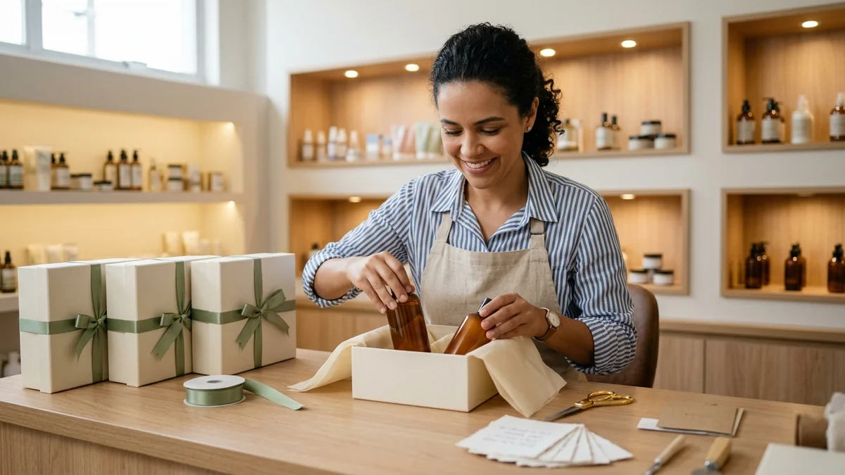 Vendedora monta kits de reposição de shampoo e condicionador em caixas lisas na bancada da loja de cosméticos.