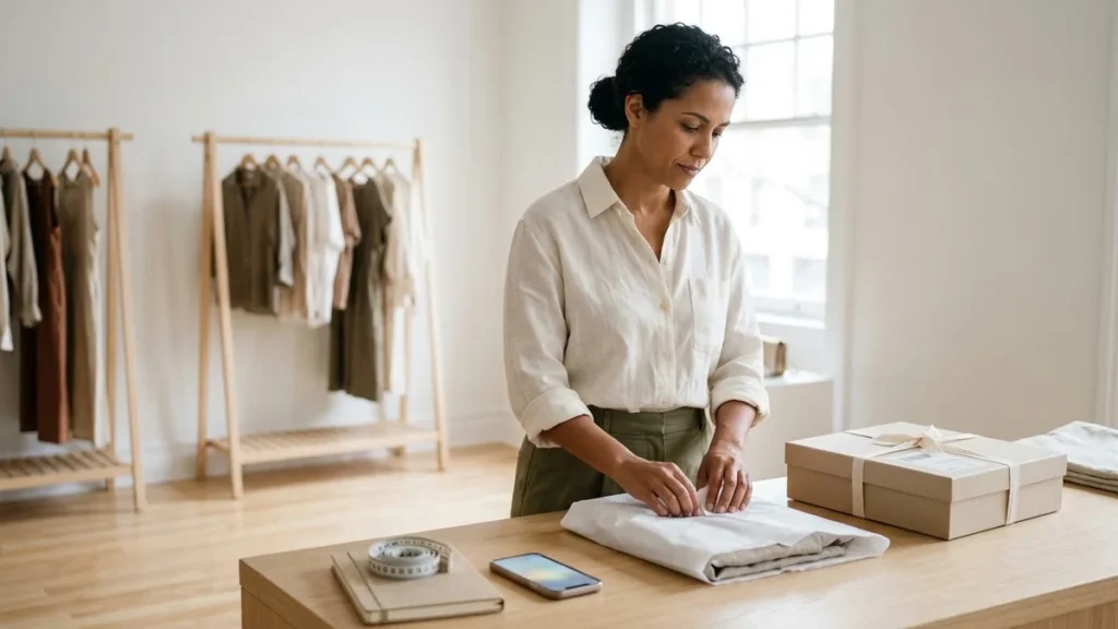 Dona de marca de moda embalando um pedido internacional no ateliê, planejando como vender para o exterior.