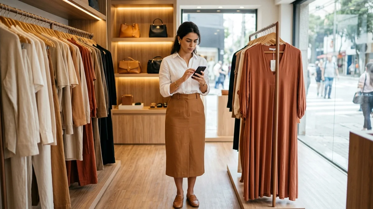 Atendente entre araras de roupa respondendo pelo celular, sem demora, clientes que chegaram por anúncio da loja.