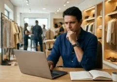 Dono de loja de moda diante do notebook, intrigado com pedidos recusados pelo antifraude para e-commerce.