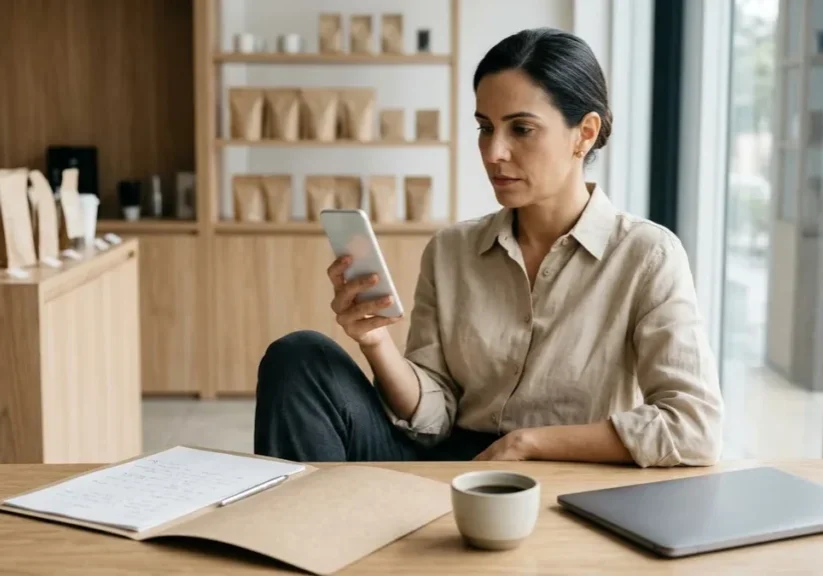 Dona de loja de cafés especiais avalia no celular se vale criar um aplicativo para loja virtual.
