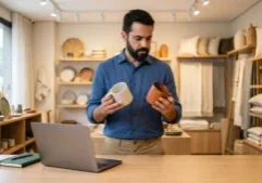 Dono de loja de decoração compara duas canecas na bancada e avalia se o dropshipping dá dinheiro na loja dele.