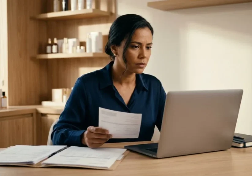 Dona de loja de cosméticos confere o notebook e a folha de envio ao descobrir que caiu no golpe do chargeback.