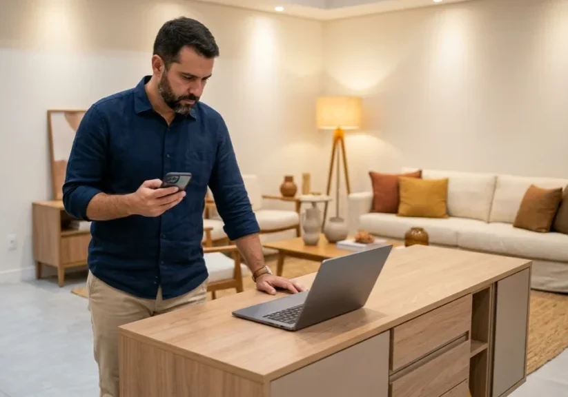 Dono de loja de decoração online no showroom, diante do notebook, decidindo entre vender pelo Google ou pelo marketplace.