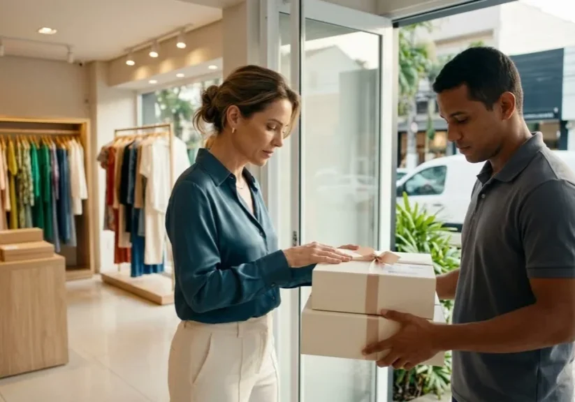 Dona de loja de moda entrega pedidos ao entregador na porta da loja, cena da escolha da transportadora para e-commerce.