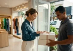 Dona de loja de moda entrega pedidos ao entregador na porta da loja, cena da escolha da transportadora para e-commerce.