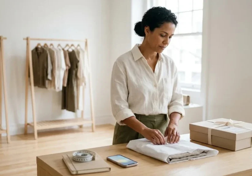 Dona de marca de moda embalando um pedido internacional no ateliê, planejando como vender para o exterior.