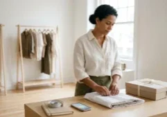 Dona de marca de moda embalando um pedido internacional no ateliê, planejando como vender para o exterior.
